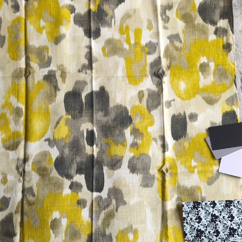 Abstract Floral Yellow and Gray Linen Blend Fabric